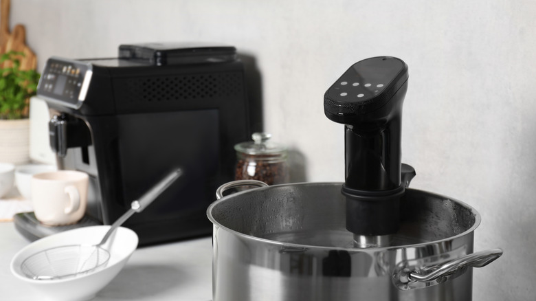 Sous vide circulator attachment on pot with water.