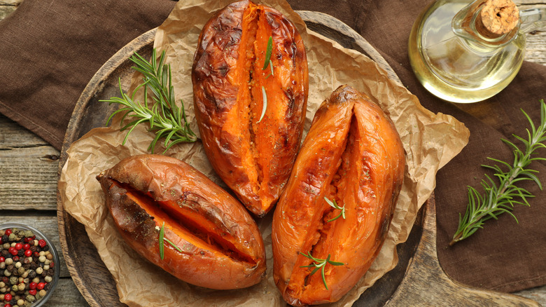 Baked sweet potatoes with rosemary.