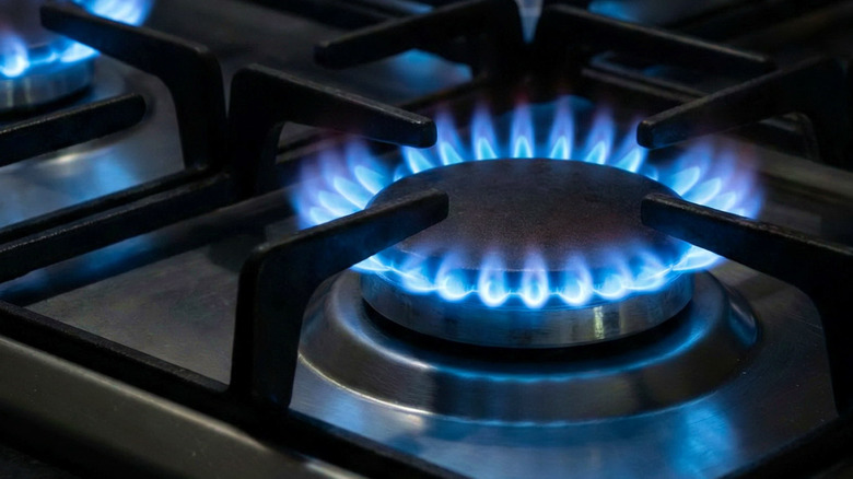 Burning flames from a kitchen gas stove.