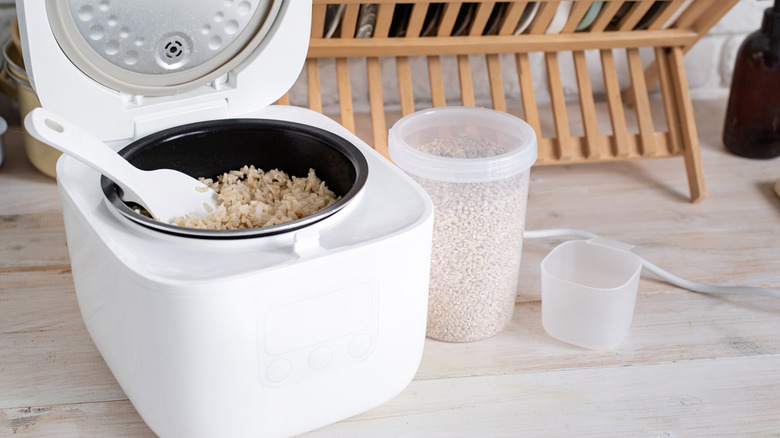 Freshly steamed rice in a rice cooker on the counter.