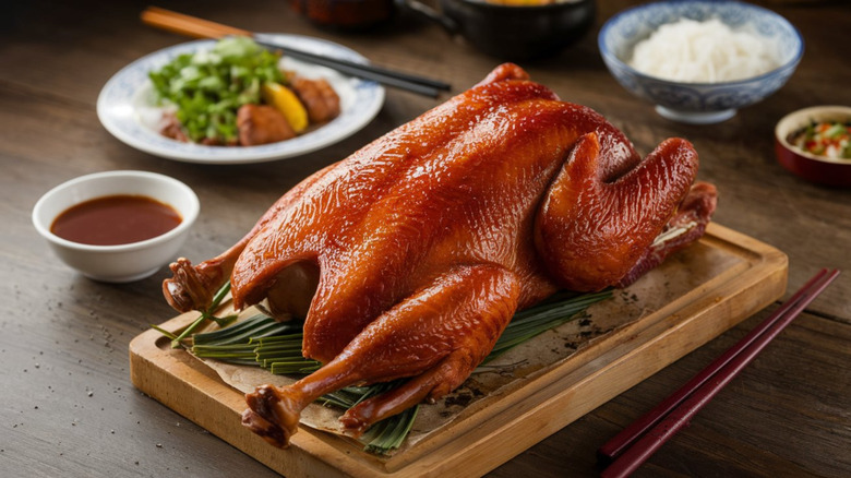 Cantonese roast duck laying on a cutting board