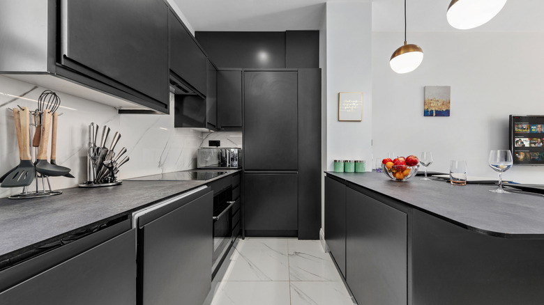 A simple modern kitchen with black accents and a matte-finish countertop