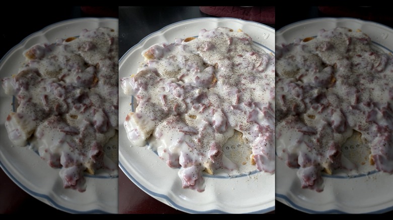 Creamed chipped beef on toast on a white plate with blue details.
