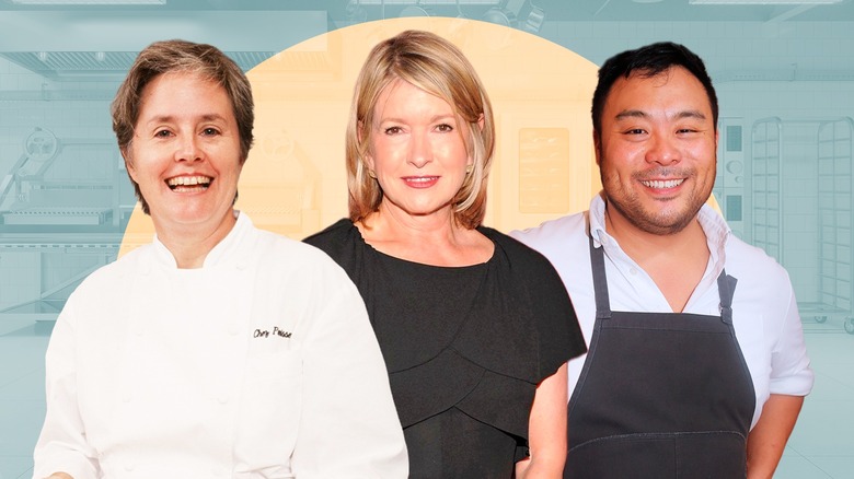 A composite image of chefs Alice Waters, Martha Stewart, David Chang