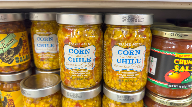 corn and chili salsa on a shelf in trader joe's