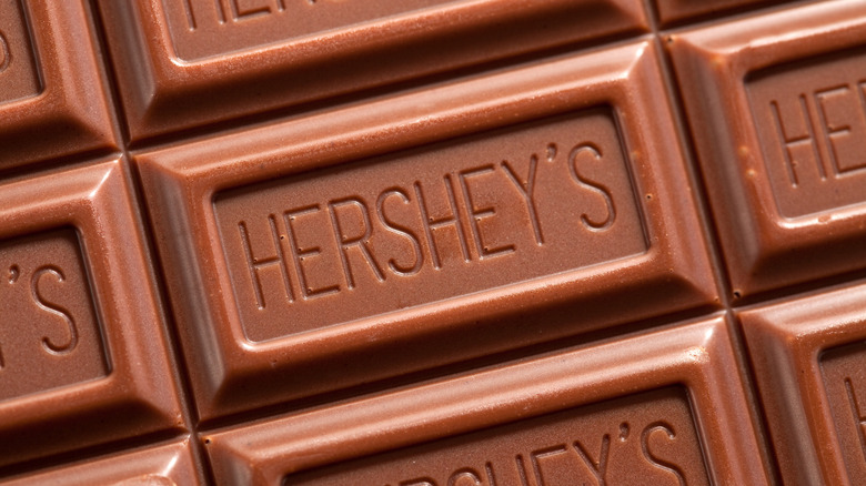 Closeup of Hershey's chocolate bars, imprinted with the Hershey's logo