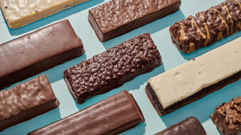 protein bars lined up on a table