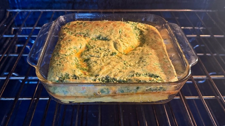 Egg filling mixture baking in oven