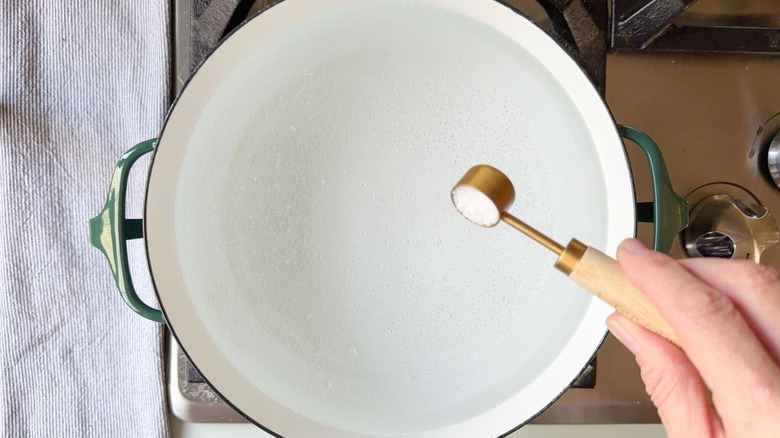 Adding salt to a pot of water on stovetop