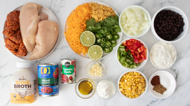 chicken, beans, cheese, vegetables, and seasonings