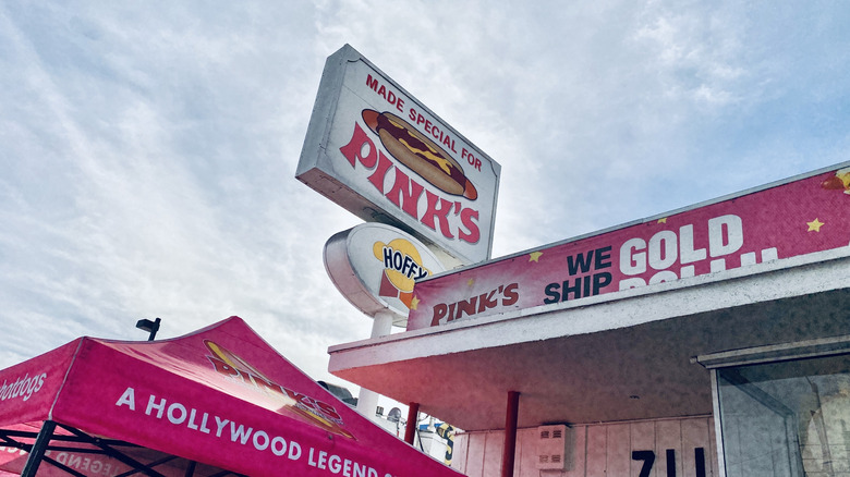 Store sign above Pink's Hot Dogs in Los Angeles
