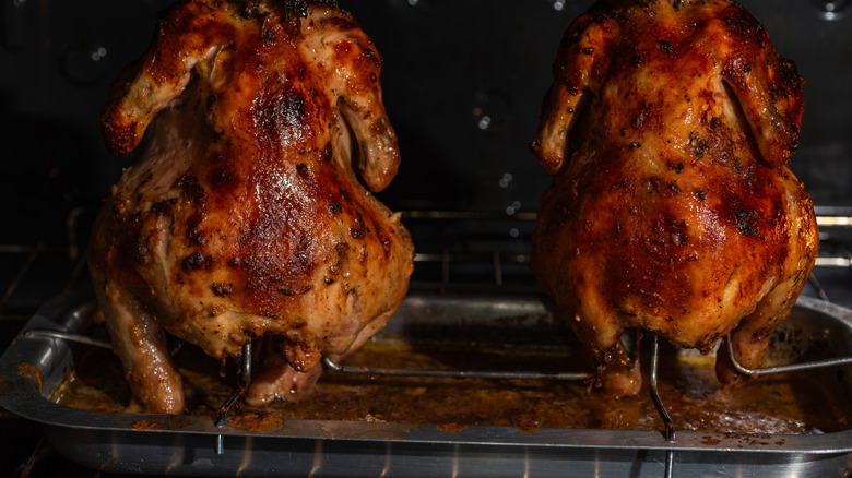 Chickens suspended over a pan with drippings