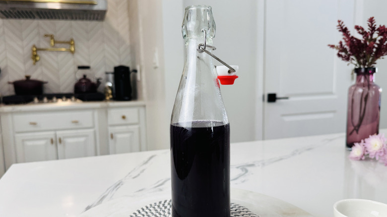 Lavender syrup in a glass bottle