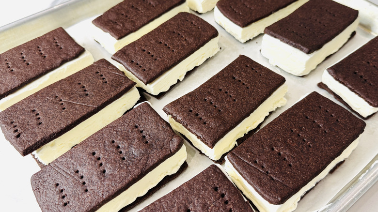 Assembling homemade old-fashioned ice cream sandwiches