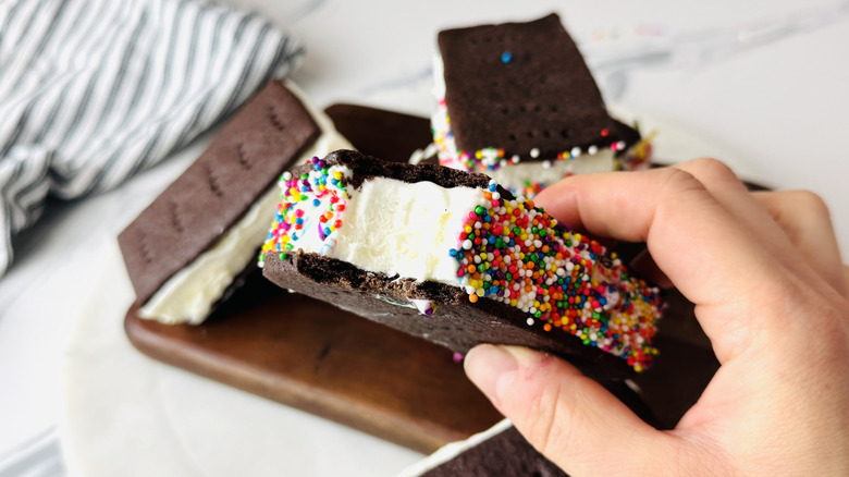 Bite taken out of homemade ice cream sandwich