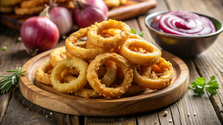 Plate of onion rings with onions in background