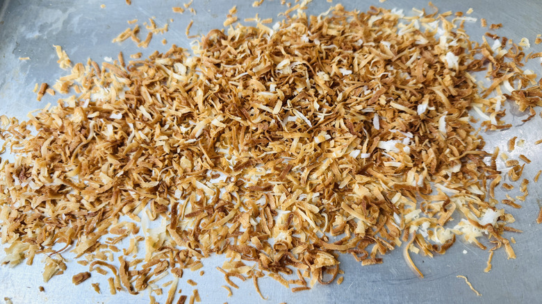 Toasted coconut on baking sheet