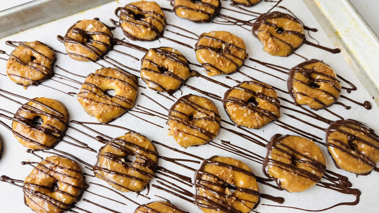 Drizzled chocolate over homemade Samoas