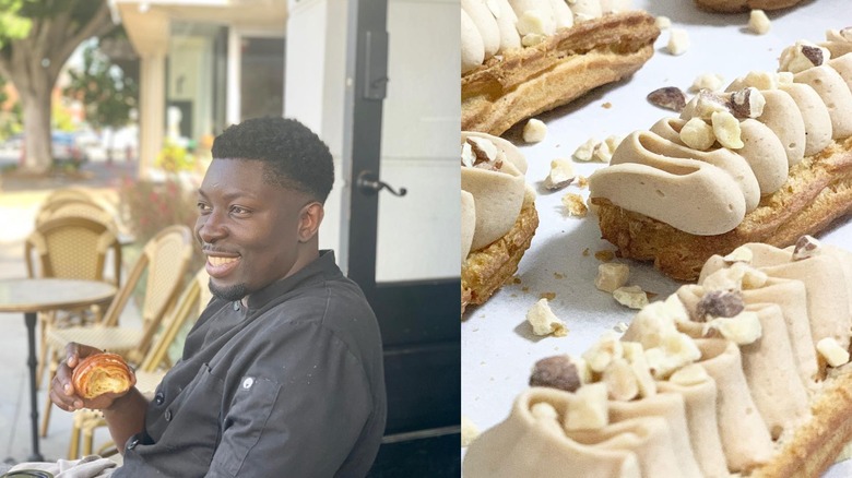 Pastry chef and owner Laurent Correa with Paris Brest pastry