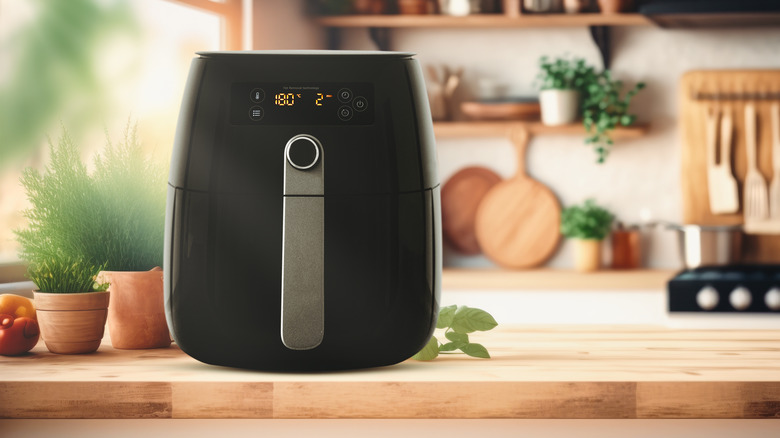 Air fryer on wooden countertop