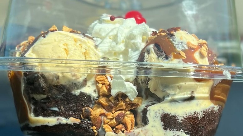 Three decadent scoops of ice cream served in a plastic container