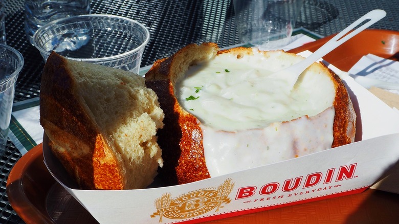 clam chowder in a bread bowl at san francisco's historic boudin bakery