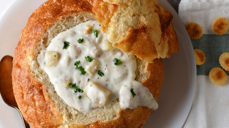 new england clam chowder in a bread bowl