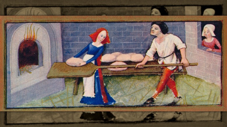 15th century illustration depicting medieval bakers making bread for trenchers