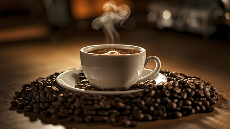 Steaming cup of coffee surrounded by coffee beans