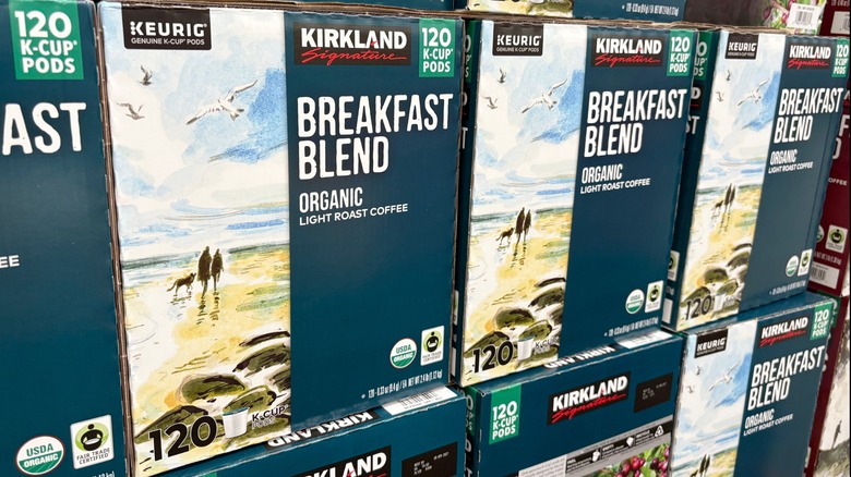 Kirkland Signature K-Cup pods stacked on a shelf