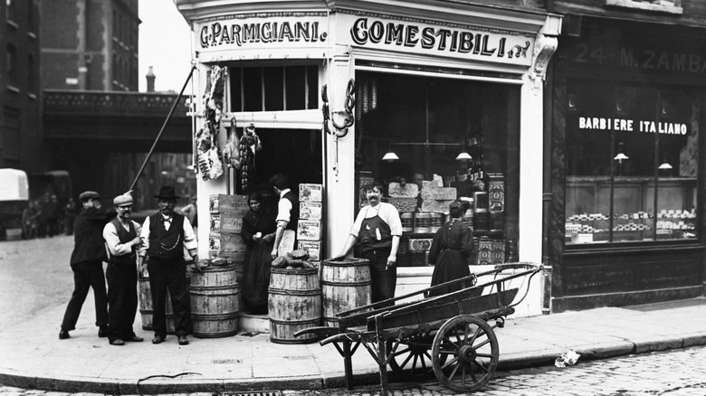 Black and white old photo of a general store