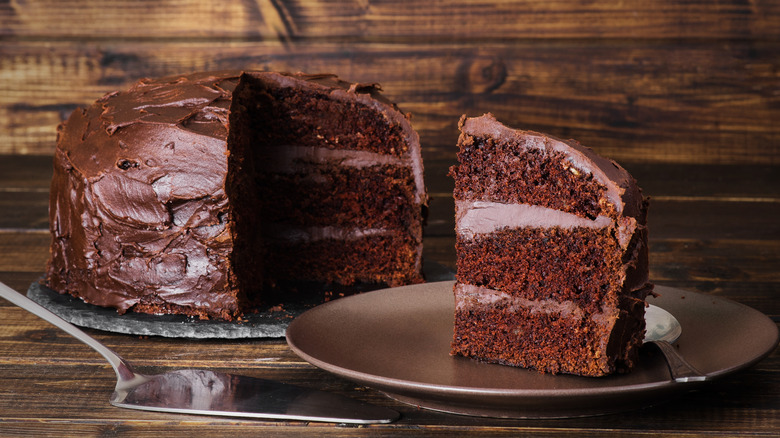 Devil's food cake with a slice taken out