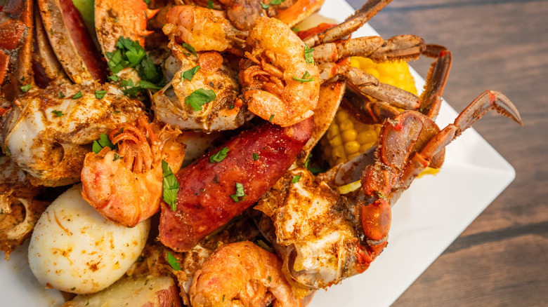 Seafood boil with hard boiled eggs