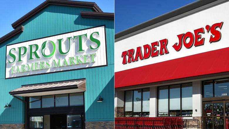 Front entrances of a Sprouts Farmers Market store and Trader Joe's side by side