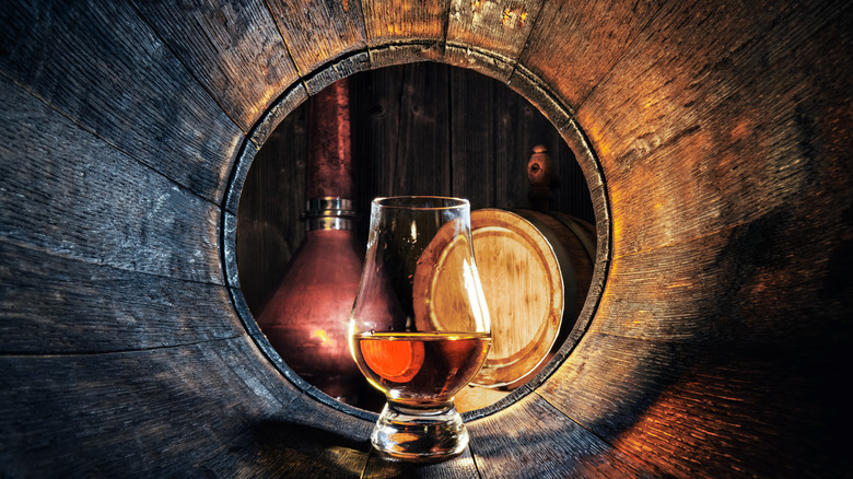 whiskey pictured inside barrel