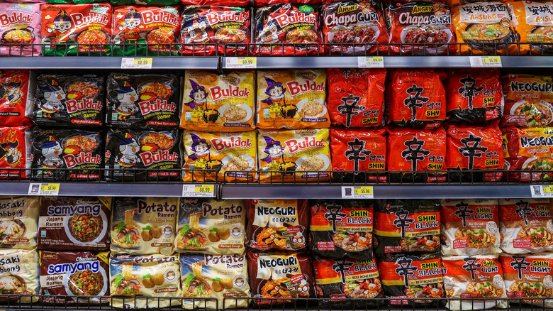 Shelves full of pre-packaged ramen.