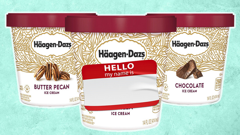 Pints of Häagen-Dazs ice cream with a nametag on an aqua blue background