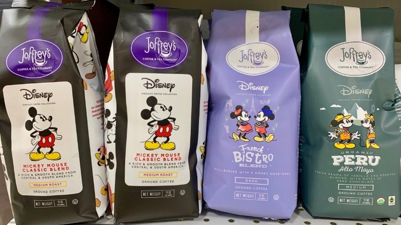 Various Disney-themed bags of Joffrey's ground coffee sit on a retail shelf