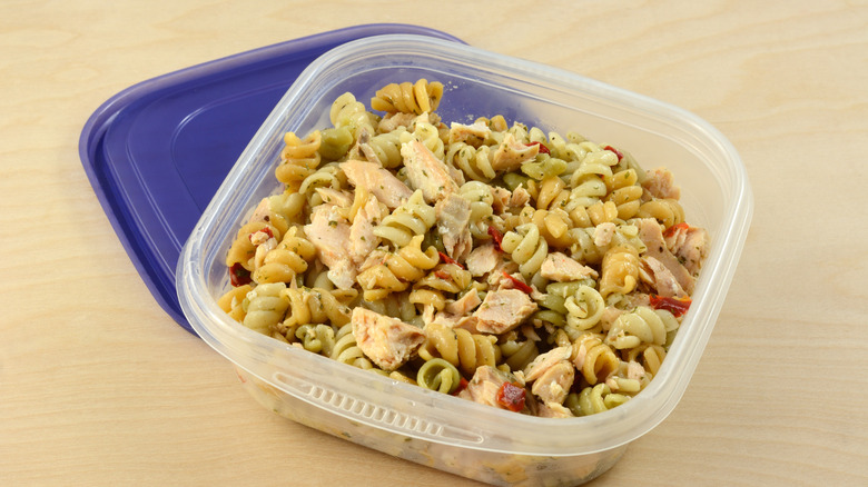 Container of leftover pasta salad