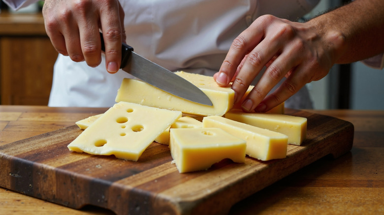 Person slicing swiss cheese with a knife on a wooden cutting board