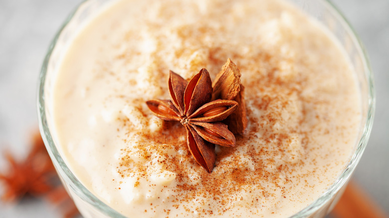 Rice pudding in a glass dish