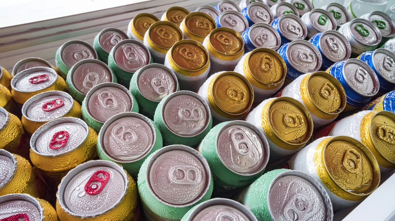 Lots of canned beers in an open refrigerator compartment