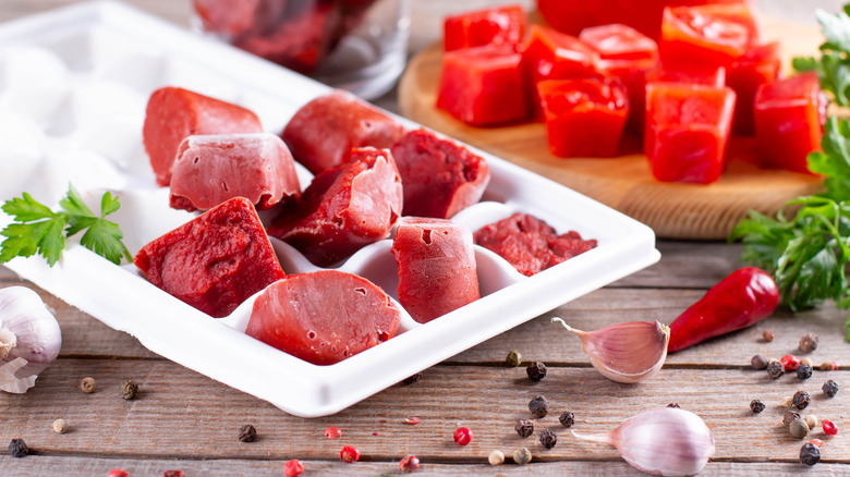 Tomato paste is frozen in an ice cube tray.