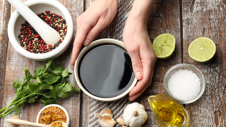 marinade ingredients on a wooden table