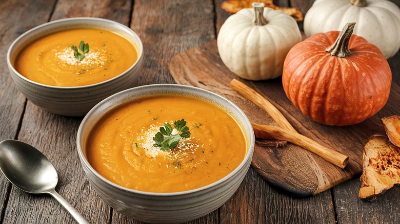 Orange soup in ceramic bowls on a wooden table next to pumpkins