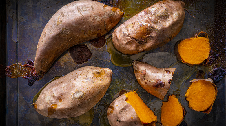 Roasted sweet potatoes in a tray.