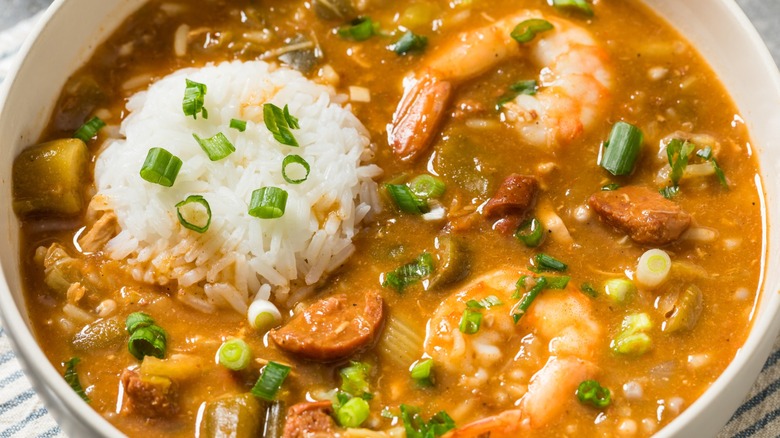 A bowl of gumbo with rice and green onions.