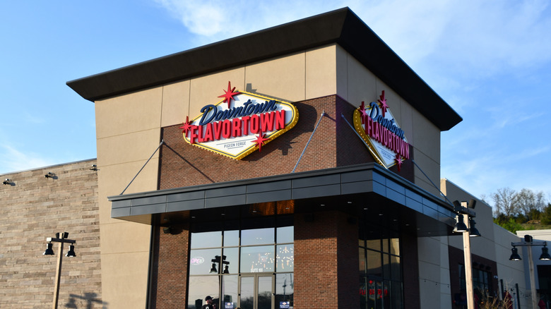 An exterior view of one of Guy Fieri's Downtown Flavortown restaurants