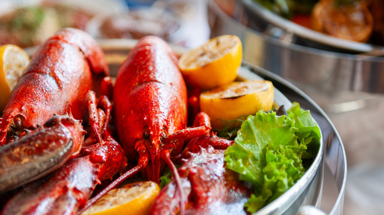 Fresh lobster served with lemon and garnish on a platter