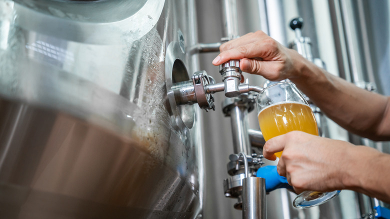 Brewer pulling a pint at the distillery.